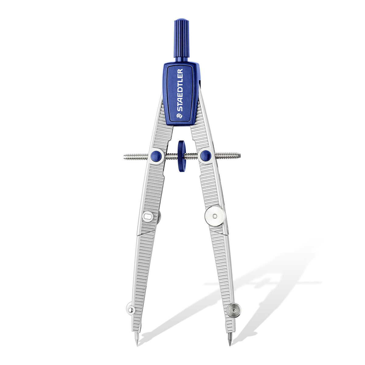 Staedtler Noris 550 01 metal compass standing open, blue head, centre wheel spindle across the legs and hinged silver legs