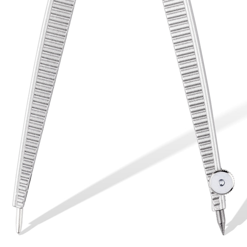 Close view of the ridged silver legs of the Staedtler Noris 550 compass, showing the needle point and the lead clamp