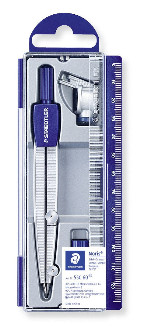 Staedtler Noris 550 60 school compass in its case with a blue hinged lid, holding the compass, universal adapter and lead box beside a ruler scale