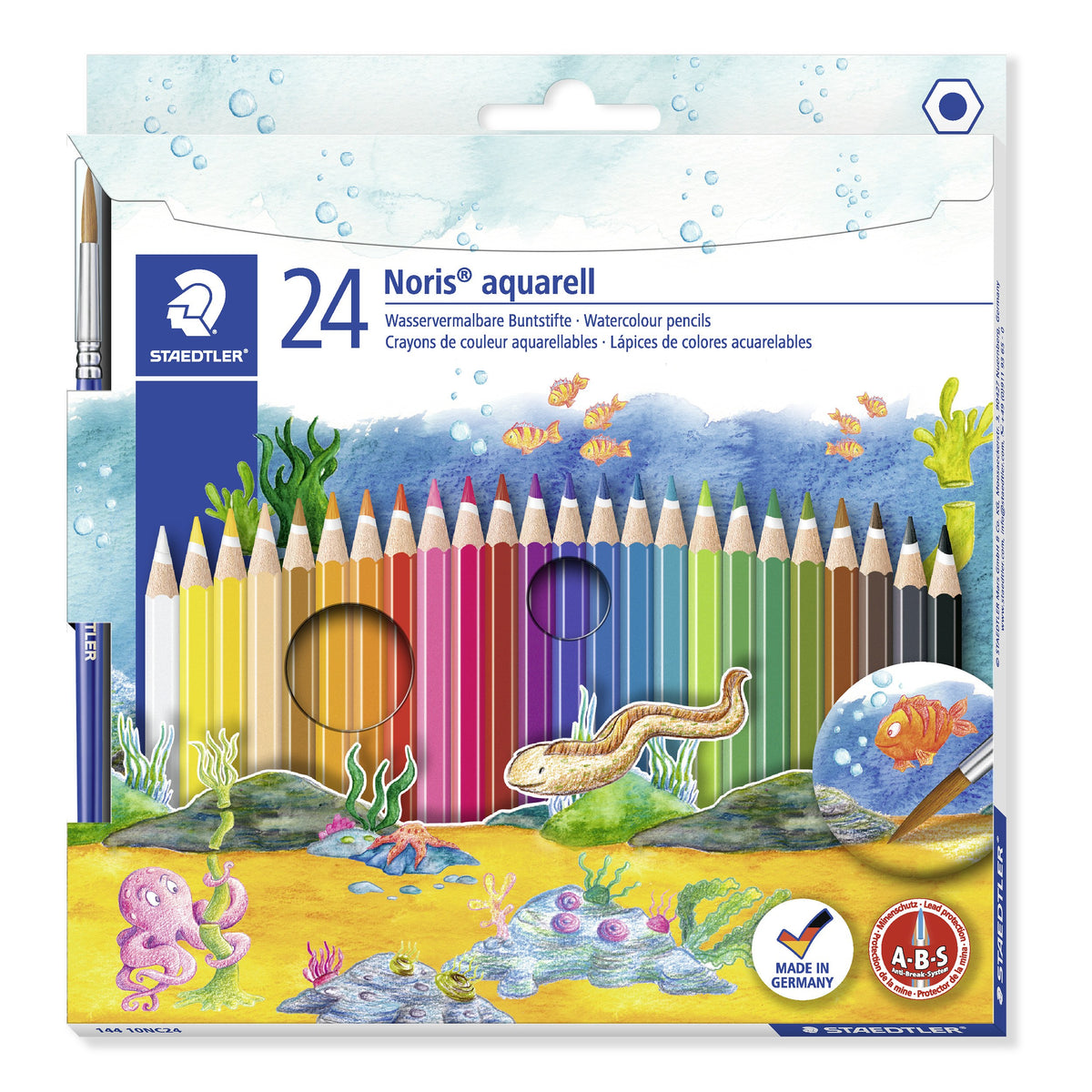 Noris aquarell box of 24 by Staedtler, wide window box showing the pencils over an underwater scene, brush clipped on the left