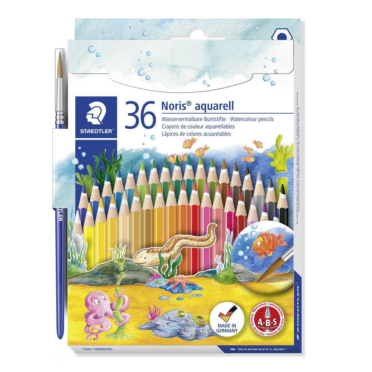 Staedtler Noris aquarell box of 36 watercolour pencils, two rows of pencils over a sea-life illustration, paint brush on the side