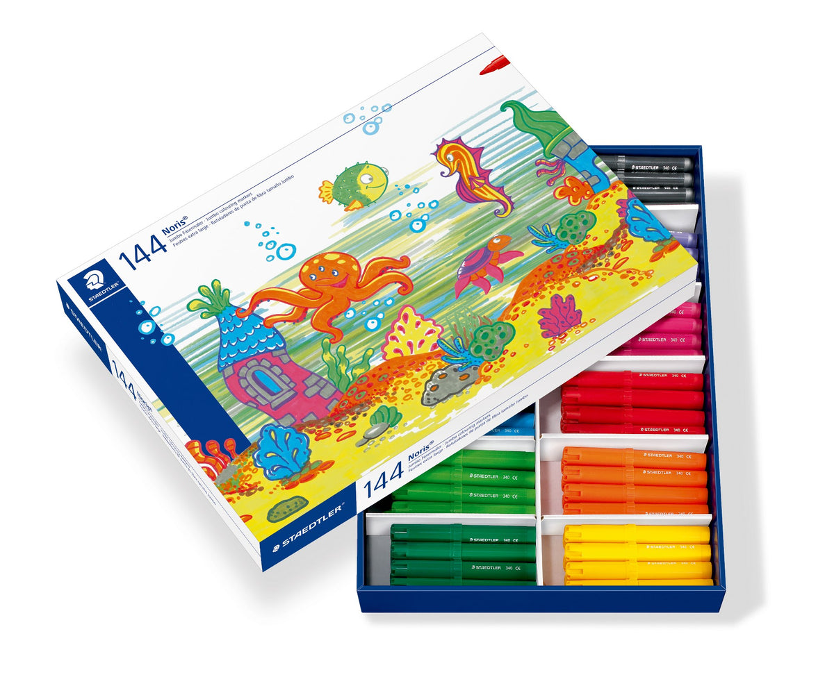 Staedtler 340 C144 class pack with sea life artwork and 144 printed on the box, lid lifted to show jumbo pens sorted into colour compartments