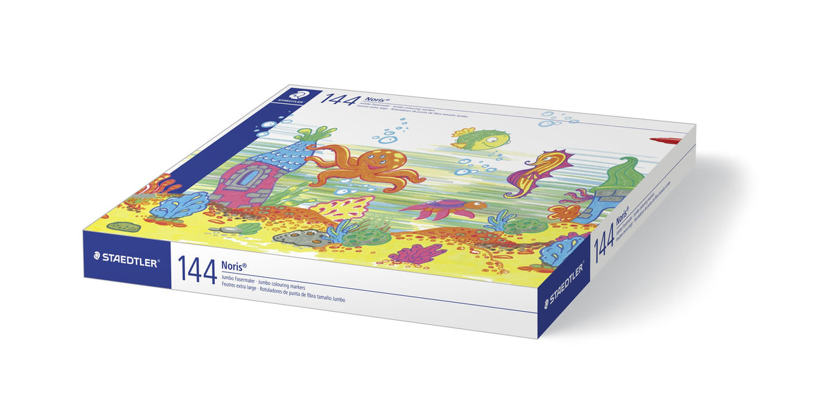 Staedtler 340 C144 class pack closed, sea life lid artwork with an octopus and fish, 144 printed on the side of the box