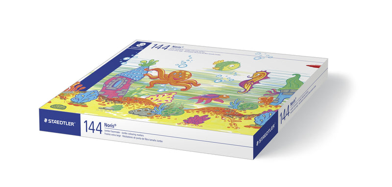 Staedtler 340 C144 class pack closed, sea life lid artwork with an octopus and fish, 144 printed on the side of the box