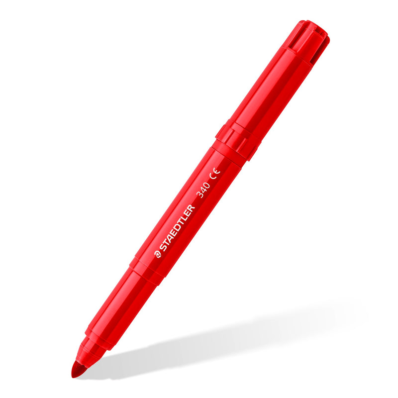 Single Staedtler 340 jumbo fibre-tip pen at an angle, thick red barrel and cap