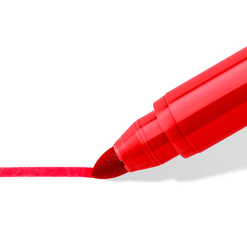 Close view of the broad red tip of a Staedtler 340 jumbo pen laying down a wide line
