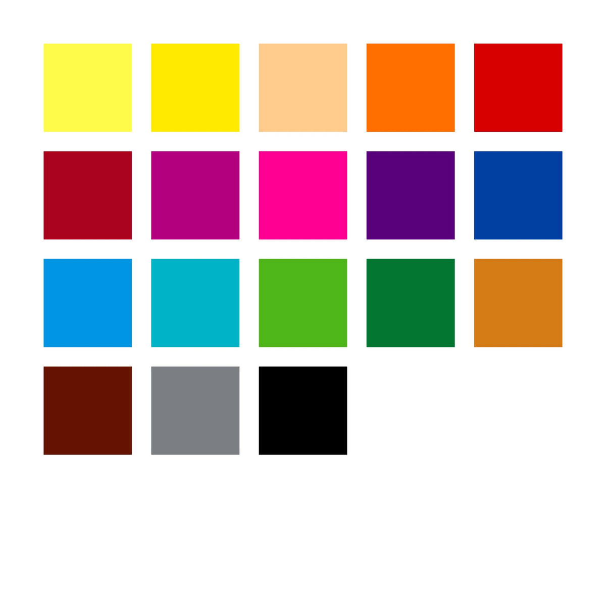 Eighteen colour squares for the 185 C18 set, from yellows and peach through reds, violet, blues, turquoise and greens to brown, grey and black
