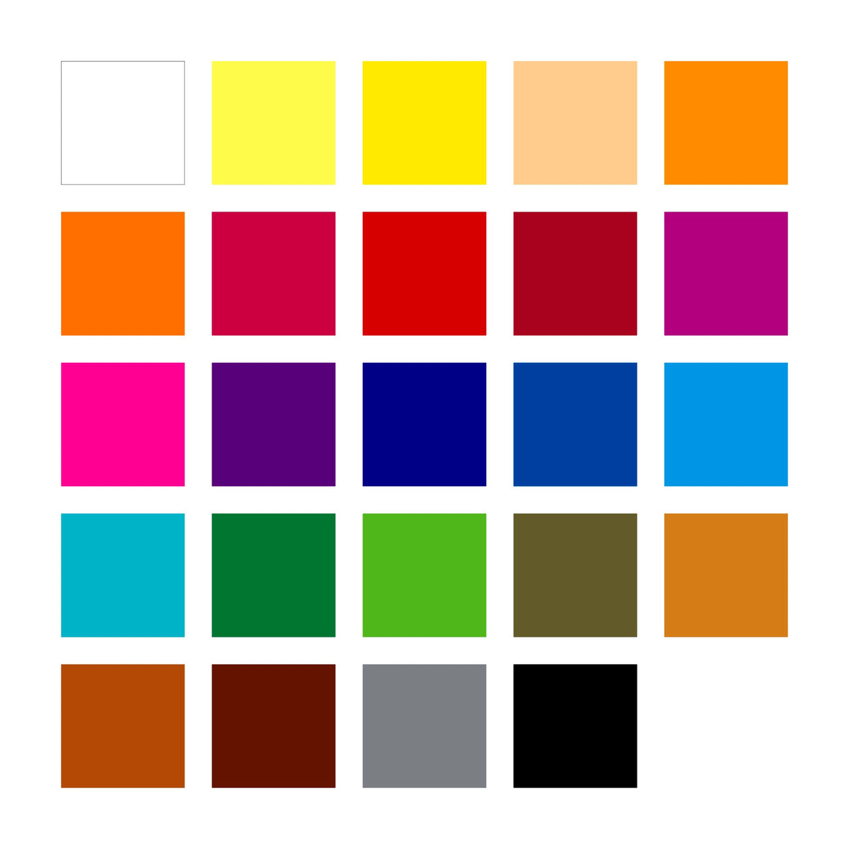 Twenty-four colour squares for the 185 C24 set, from white and yellows through reds, purples, blues, turquoise and greens to browns, grey and black