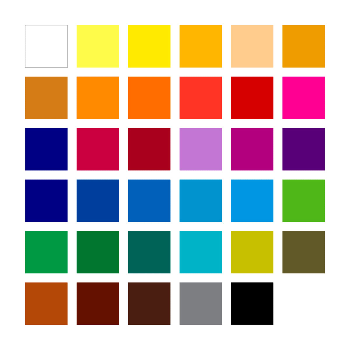 Thirty-six colour squares for the 185 CD36 set in six rows, from white, yellows and oranges through reds, purples, blues and greens to browns, greys and black