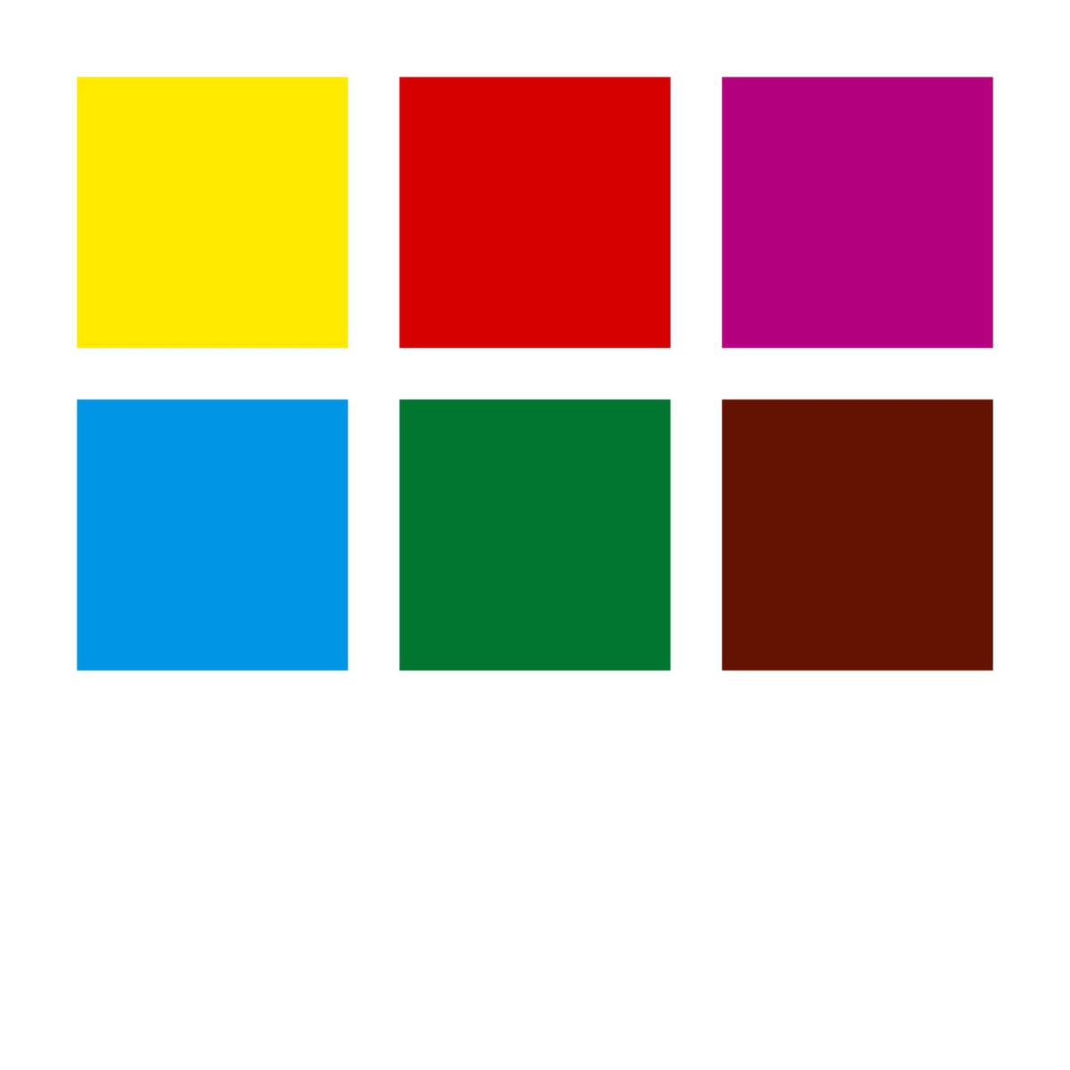 Six colour squares for the 185 C6 set: yellow, red, red violet, pale blue, green and dark brown