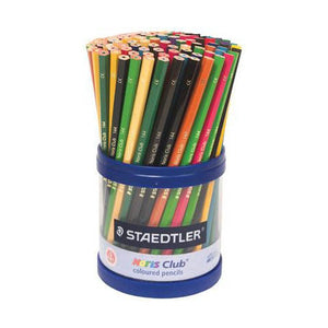 Clear round cup with a blue rim packed with assorted coloured pencils, labelled STAEDTLER Noris Club coloured pencils, an older cup photo