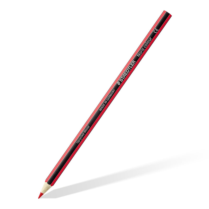 Single Staedtler Noris colour 185 coloured pencil with the red and black stripe, Staedtler range photo of the pencil in this cup