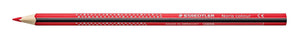 Single red Staedtler Noris colour pencil lying flat, red and black stripe with star and dot print, Made in Germany and a name panel on the barrel