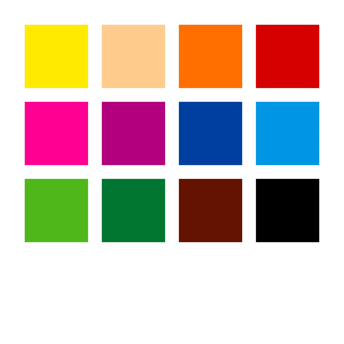 Twelve colour squares for the 187 C12 set: yellow, peach, orange, red, magenta, red violet, two blues, two greens, brown and black