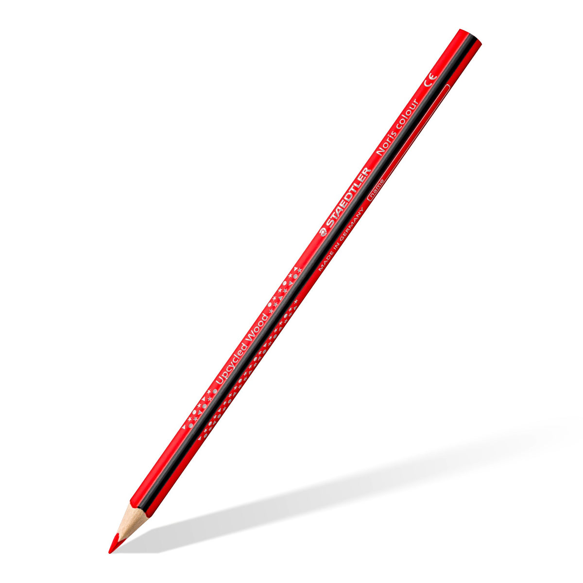 Single Staedtler Noris colour 187 triangular pencil at an angle with the red and black barrel and white print