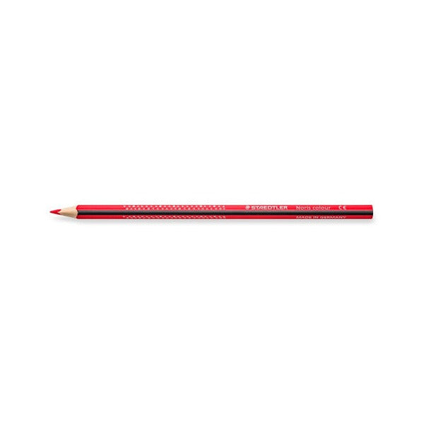 Single red Staedtler Noris colour triangular pencil lying flat on a white background, earlier photo