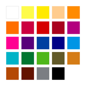 Twenty-four colour squares for the 187 C24 set from white and yellows through reds, purples, blues and greens to browns, grey and black