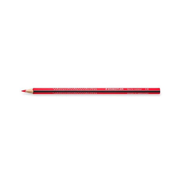 Single red Staedtler Noris colour triangular pencil lying flat, earlier product photo