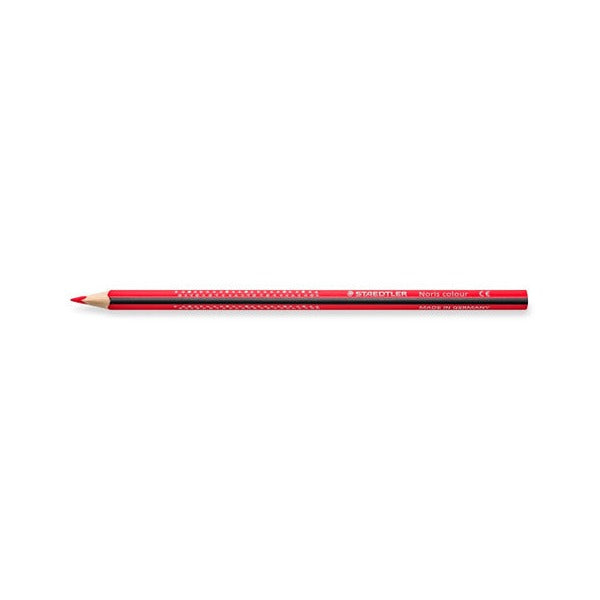 Single red Staedtler Noris colour triangular pencil lying flat, earlier product photo