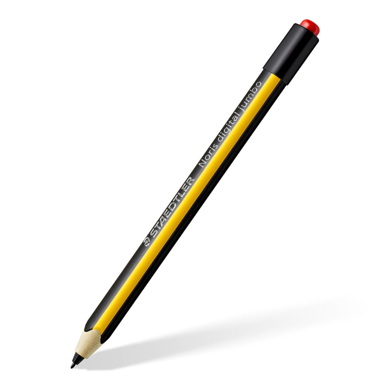 Noris digital jumbo 180J 22-1 stylus on white: yellow and black triangular barrel printed STAEDTLER Noris digital jumbo, red eraser cap and black point