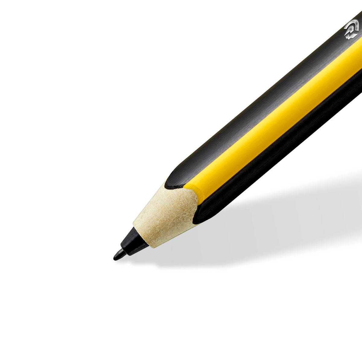 Close-up of the Noris digital jumbo tip: yellow and black barrel, sharpened pencil-style cone and black stylus nib