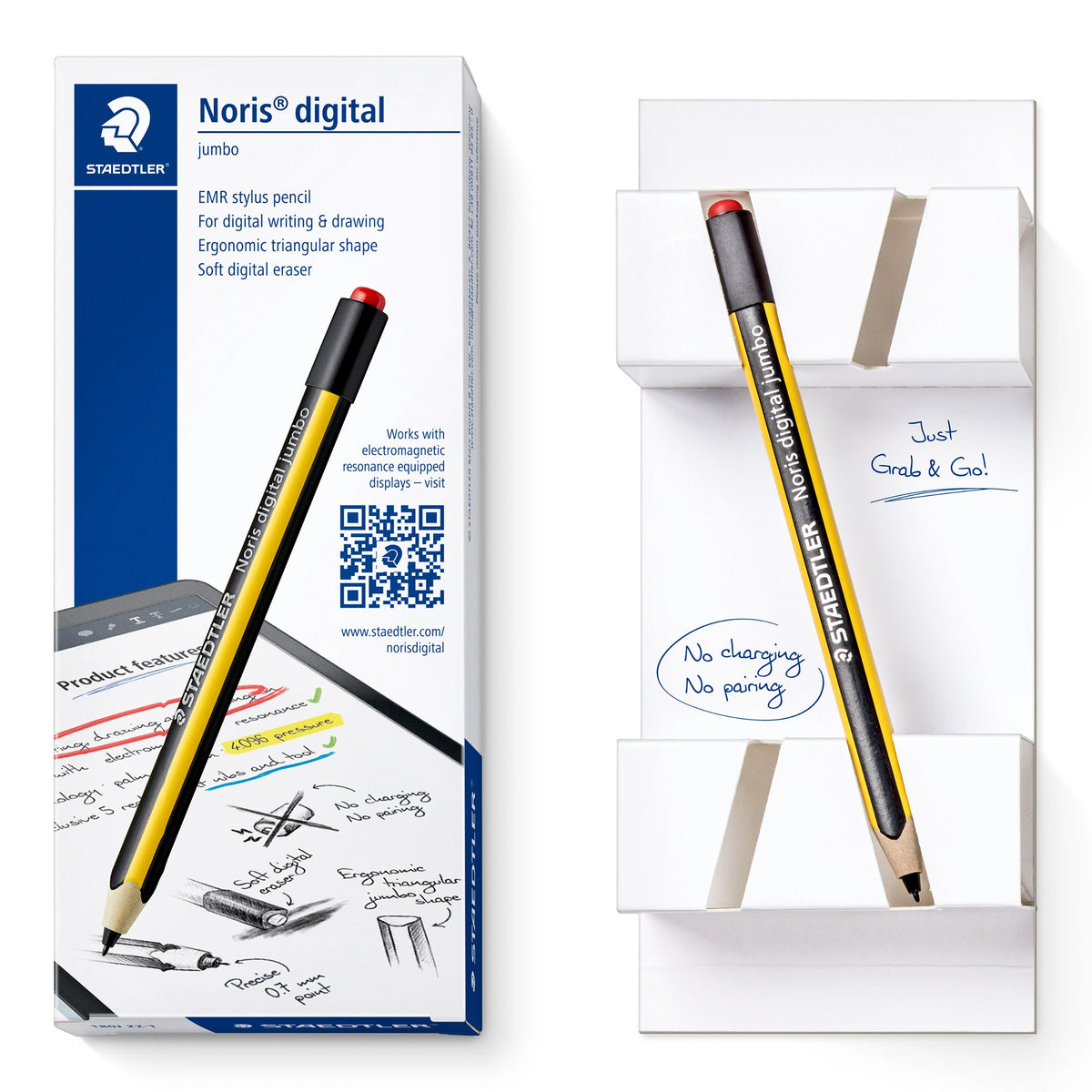 Noris digital jumbo box standing beside its open white card inlay, which holds the stylus and reads Just Grab and Go and No charging, No pairing