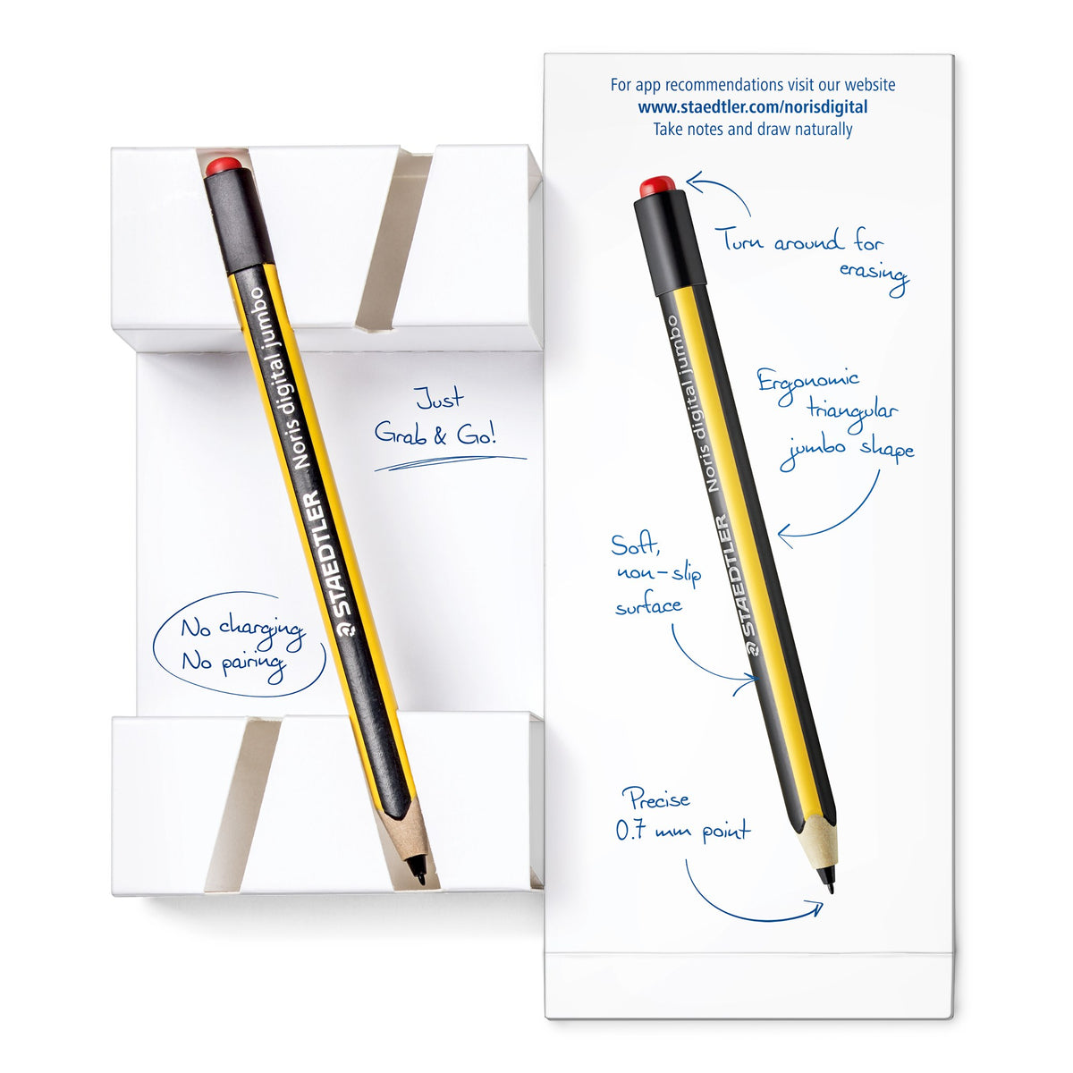 Noris digital jumbo inlay cards with handwritten notes: turn around for erasing, ergonomic triangular jumbo shape, soft non-slip surface and precise 0.7 mm point