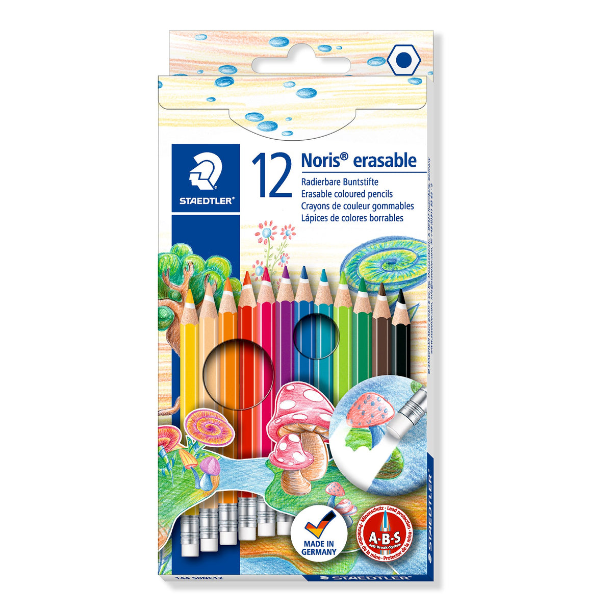 Current Staedtler Noris erasable box of 12 coloured pencils 144 50NC12, pencils with eraser tips above a mushroom and eraser artwork