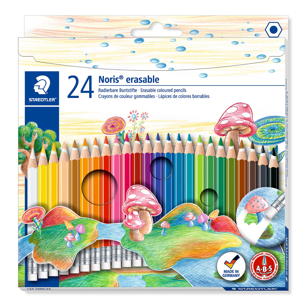 Current Staedtler Noris erasable box of 24 coloured pencils 144 50NC24, a fan of eraser-tipped pencils above a mushroom scene