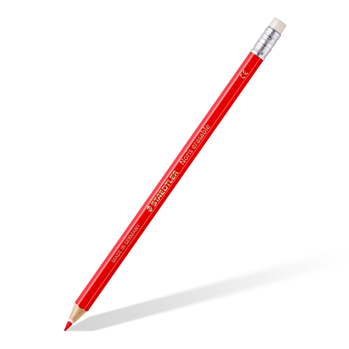 Red Noris erasable pencil on the diagonal with a white eraser on the end, an example of the pencils in the box