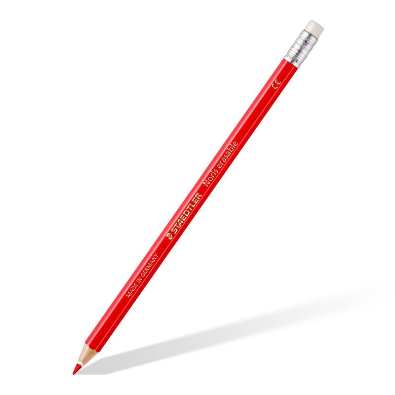 Red Noris erasable pencil on the diagonal with a white eraser on the end, an example of the pencils in the box