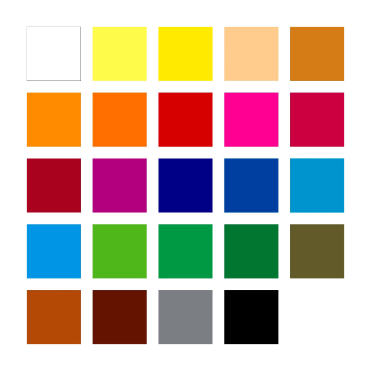 Chart of the 24 colours in the 144 50NC24 box, including white, light yellow, olive and sap greens, fawn, grey and black