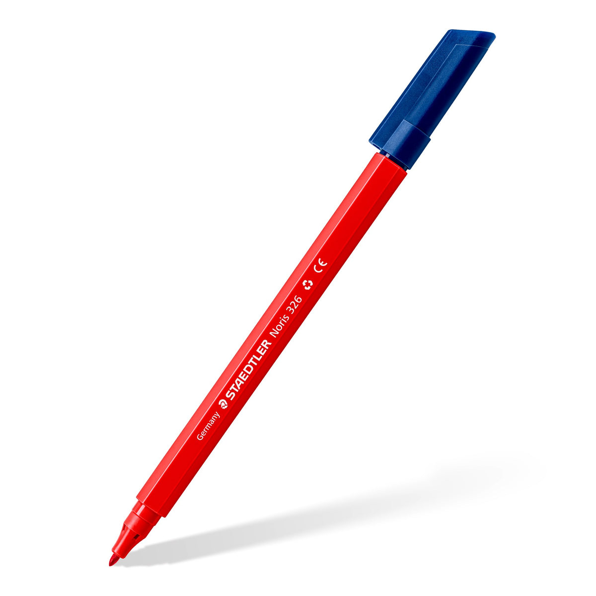 Single Staedtler Noris 326 fibre-tip pen at an angle, red barrel with a blue cap posted on the end