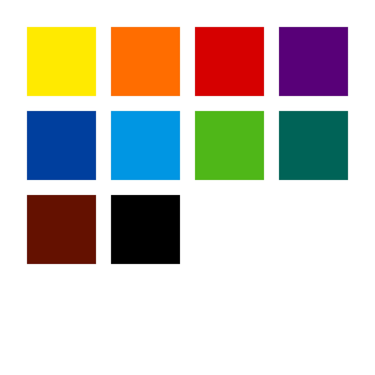Ten colour squares for the 326 C10 box: yellow, orange, red, violet, blue, pale blue, green, willow green, brown and black