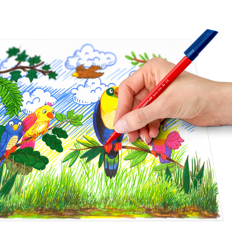 Hand colouring a toucan and parrots in a jungle scene with a red Staedtler Noris 326 fibre-tip pen