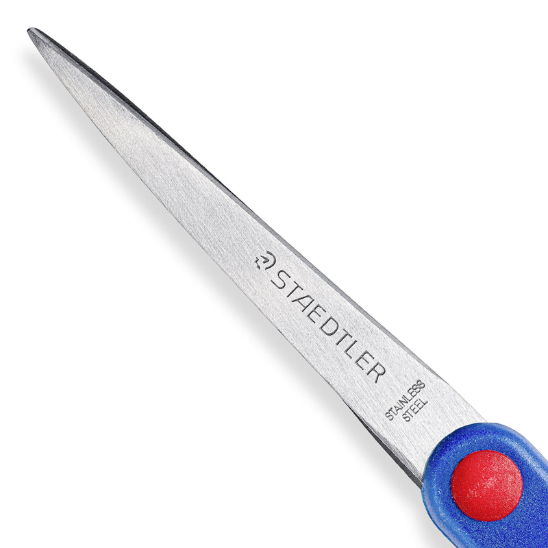 Close-up of the 21 cm blade printed STAEDTLER and STAINLESS STEEL near the red pivot screw