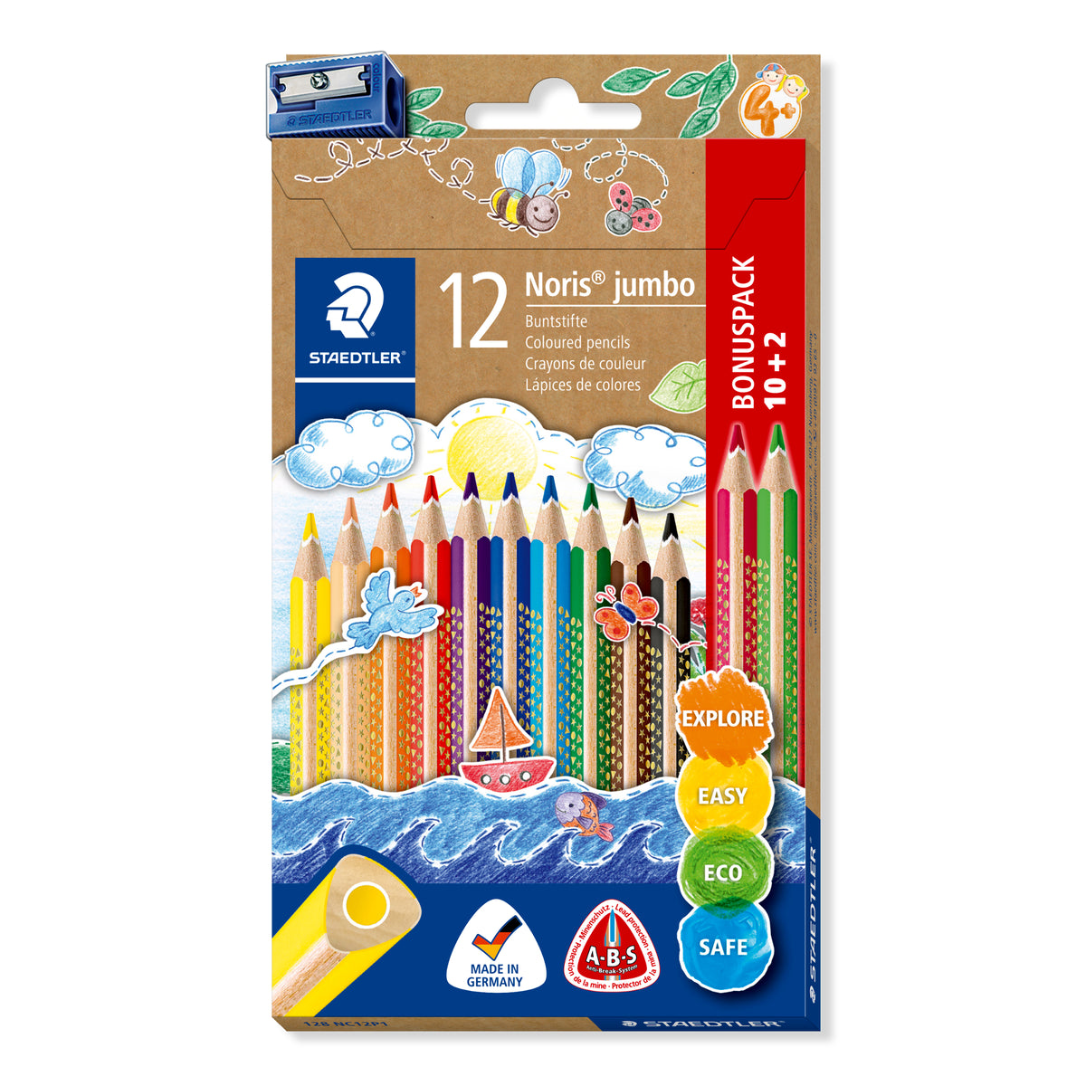 Staedtler Noris jumbo 128 NC12P1 box of 12 triangular coloured pencils with a sharpener, stars design packaging