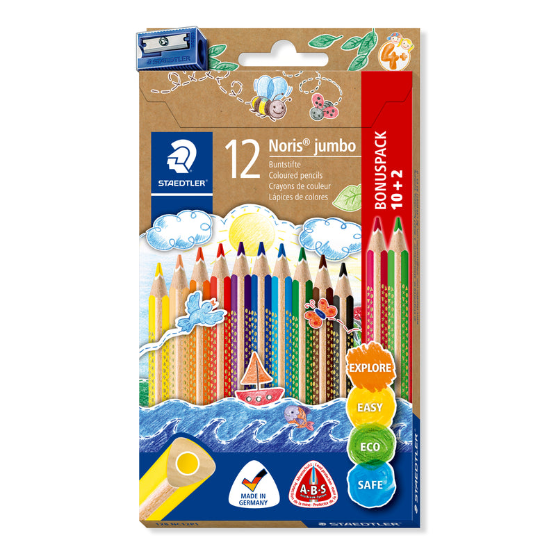 Staedtler Noris jumbo 128 NC12P1 box of 12 triangular coloured pencils with a sharpener, stars design packaging