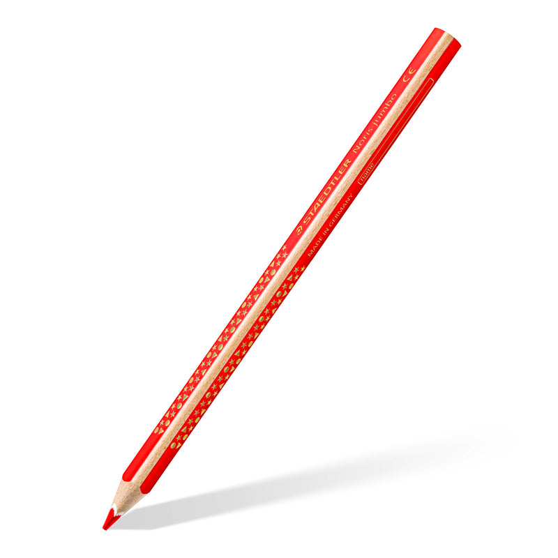 Single red Staedtler Noris jumbo triangular coloured pencil with a stars design, shown at an angle