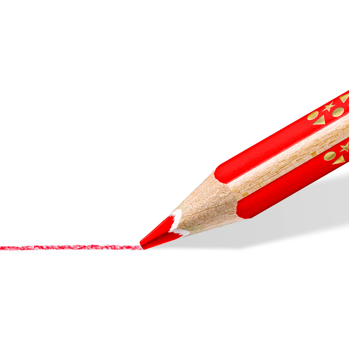 Close-up of the sharpened tip of a red Staedtler Noris jumbo coloured pencil drawing a red line