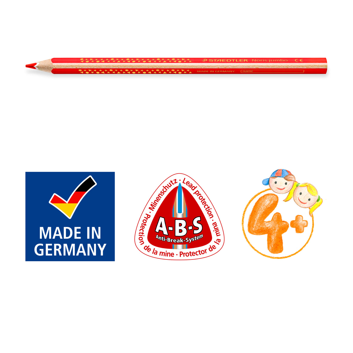 Red Noris jumbo pencil above icons for Made in Germany, A.B.S. break-resistant lead and the age rating