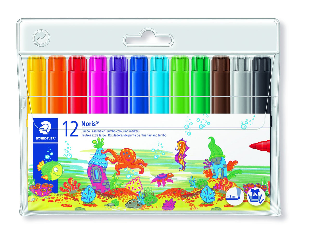 Staedtler clear wallet of 12 Noris jumbo colouring markers 340 WP12 with underwater artwork of an octopus, seahorse and fish