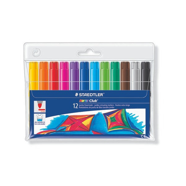 Earlier Staedtler Noris Club wallet of 12 jumbo colouring markers 340 WP12, pens standing in a row above the label