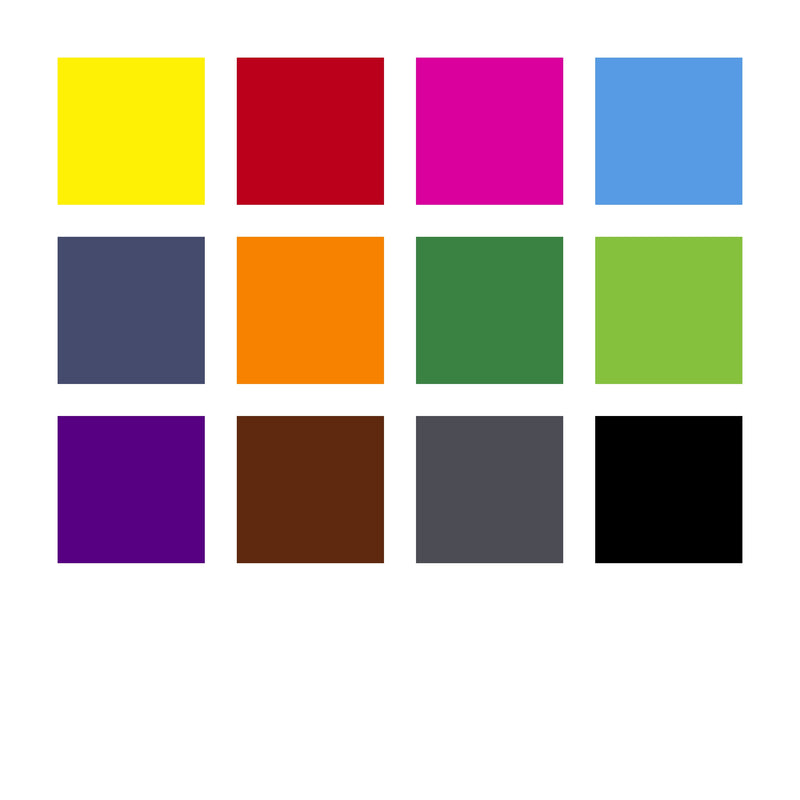 Colour chart of the 12 swatches in the 340 WP12 wallet, from yellow, red and pink through blues and greens to brown, grey and black