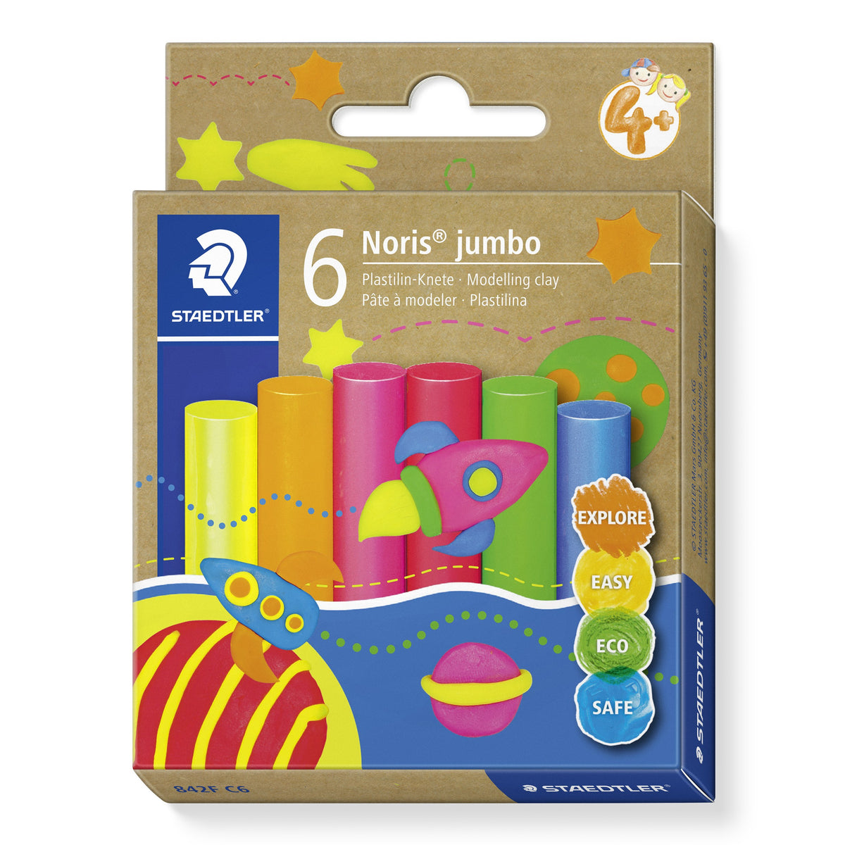 Staedtler Noris jumbo 842F C6 box of 6 neon modelling clay bars, kraft card pack with a rocket and planet design and bright neon bars in the window