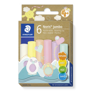 Staedtler Noris jumbo 842P C6 box of 6 pastel modelling clay bars, kraft card pack with a penguin design and pale bars in the window