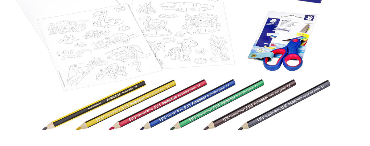 Contents of the Staedtler 61 C3 set: two animal sticker sheets, plain sheets, Noris scissors on a card and six Noris jumbo colour pencils with a striped HB pencil