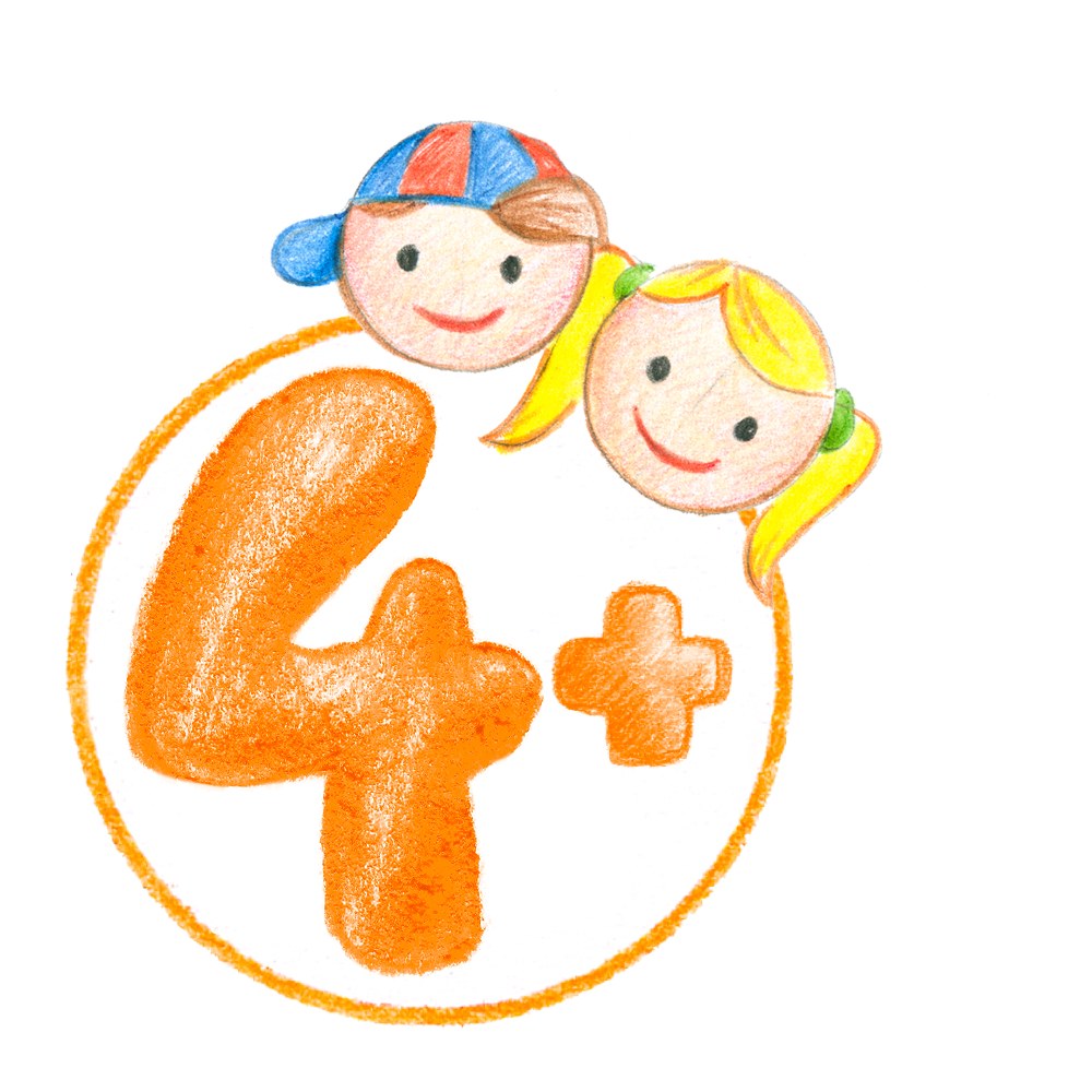 Staedtler 4+ age pictogram, an orange hand-drawn 4+ in a circle with two smiling cartoon children