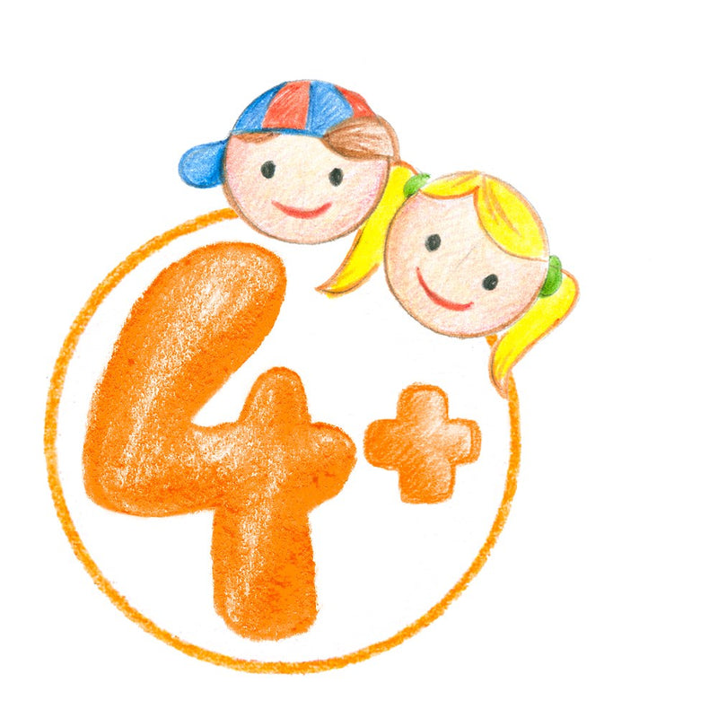 Staedtler 4+ age pictogram, an orange hand-drawn 4+ in a circle with two smiling cartoon children