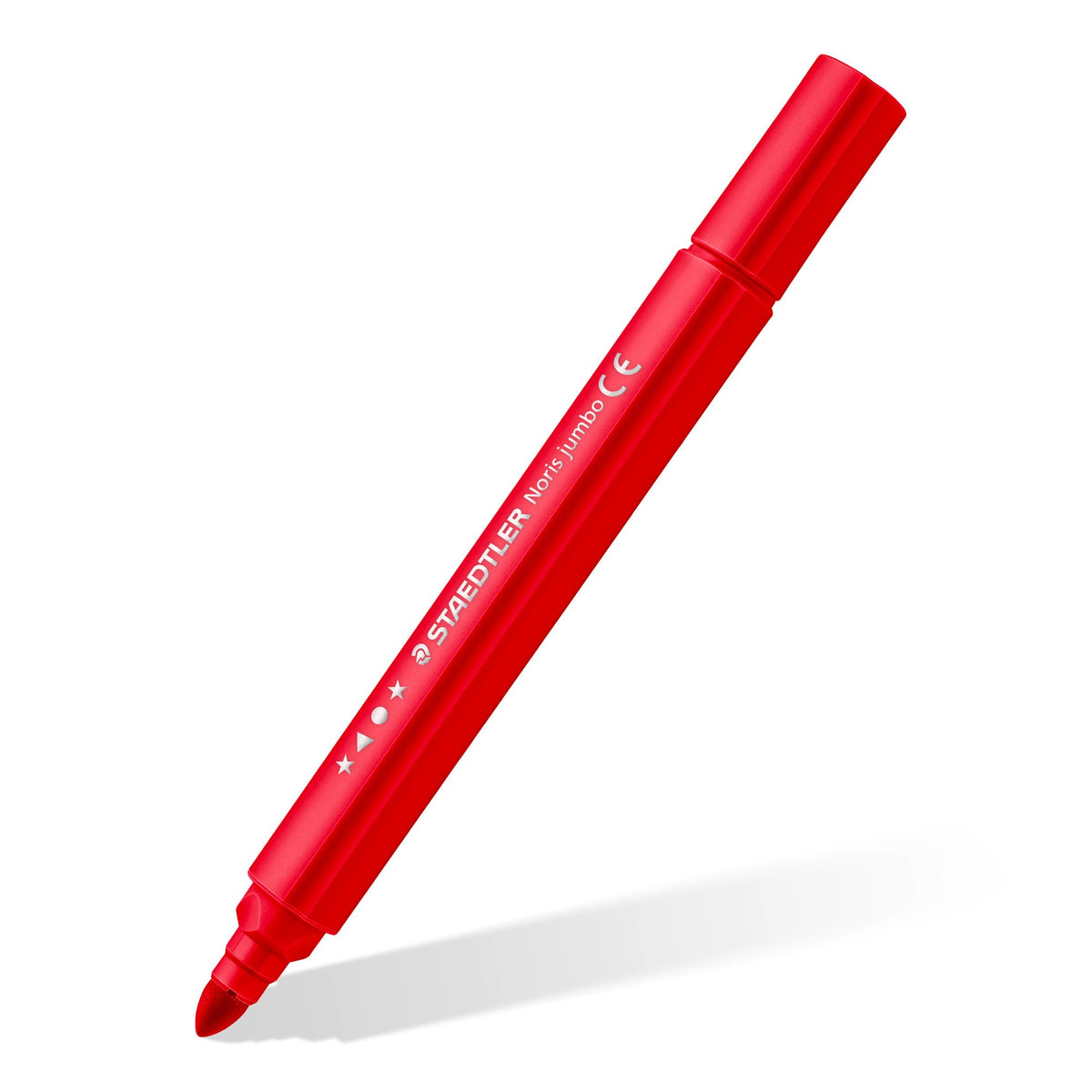 Single red Staedtler Noris jumbo 328-B triangular fibre-tip pen with cap, shown at an angle